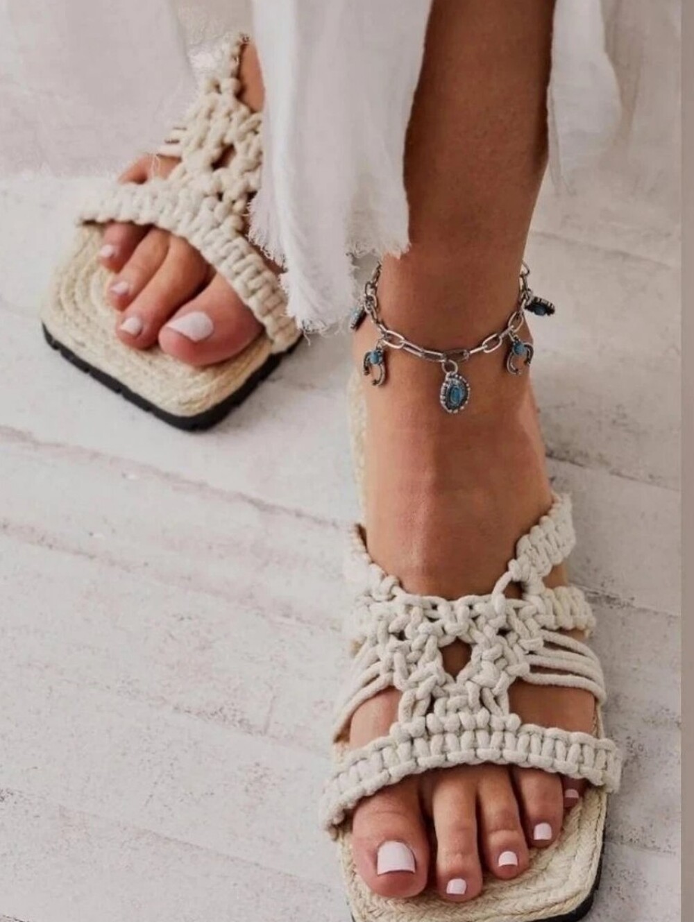NWOT Free People Womens Cream Macrame Slide Sandals Boho Flats Sandri 6 Summer